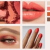 Make-up en nagellak met zongebruinde tint en heldere lipkleur.