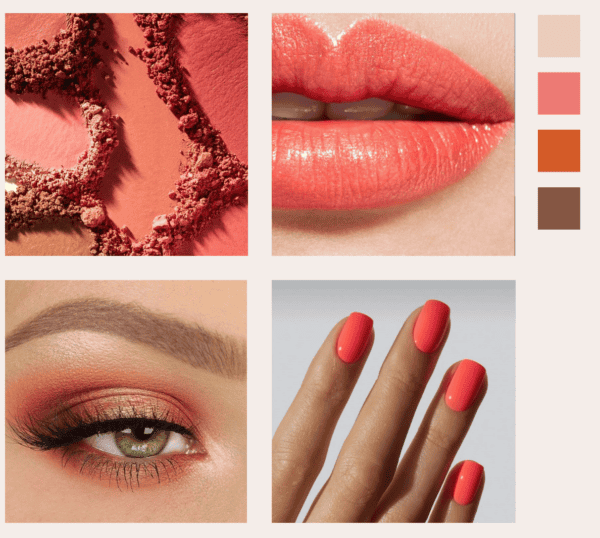 Make-up en nagellak met zongebruinde tint en heldere lipkleur.
