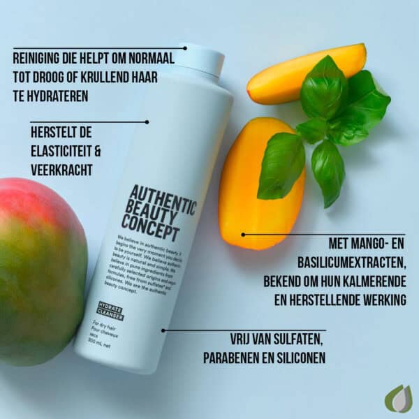 Hydrate shampoo met mango en basilicum voor vocht en elasticiteit.
